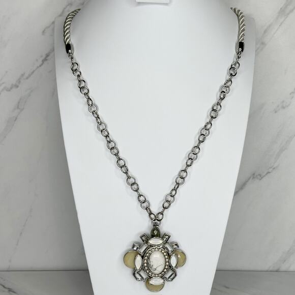 Chico's Rhinestone Cabochon Pendant on Rope and Silver Tone Necklace - Picture 1 of 13